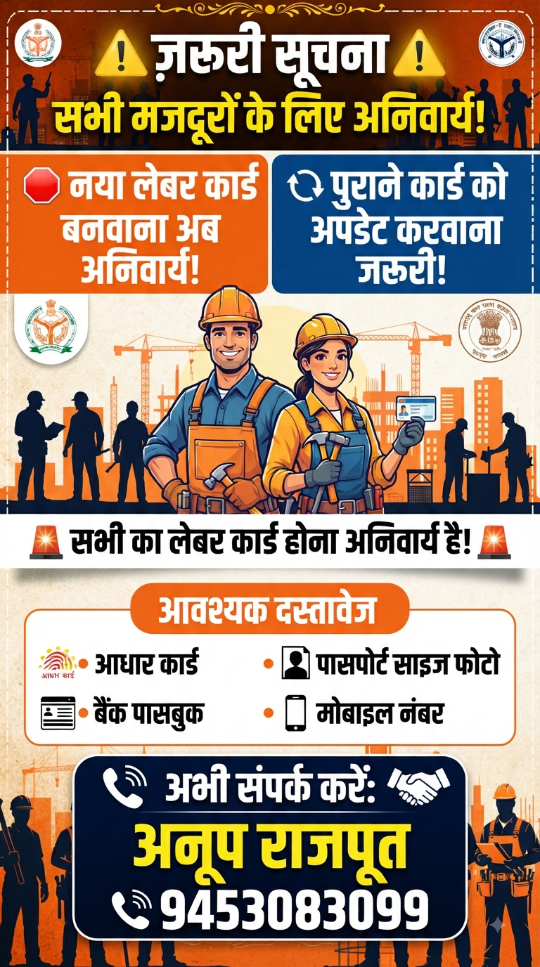 लेबर कार्ड ( श्रमिक कार्ड) के क्या लाभ हैं? इसे ऑनलाइन कैसे बनवाएं? जानिए पूरी प्रक्रिया, 2026 , आवश्यक दस्तावेज और संपर्क सूत्र।